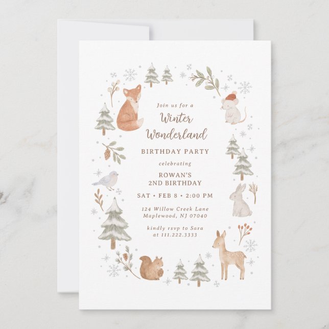 Winter Woodland Animals Wonderland Birthday Einladung (Vorderseite)