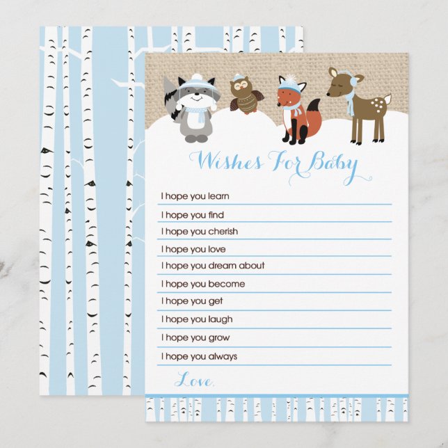 Winter Woodland Animals Wünsche für Baby (blau) Einladung (Vorne/Hinten)