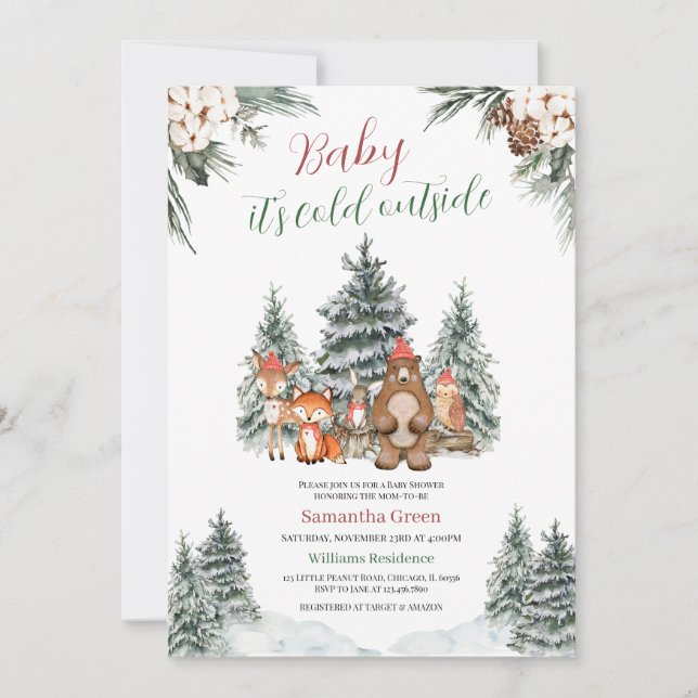 Winter Woodland Baby Dusche Einladung (Vorderseite)