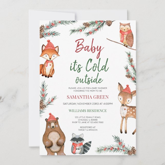 Winter Woodland Baby Dusche Einladung (Vorderseite)