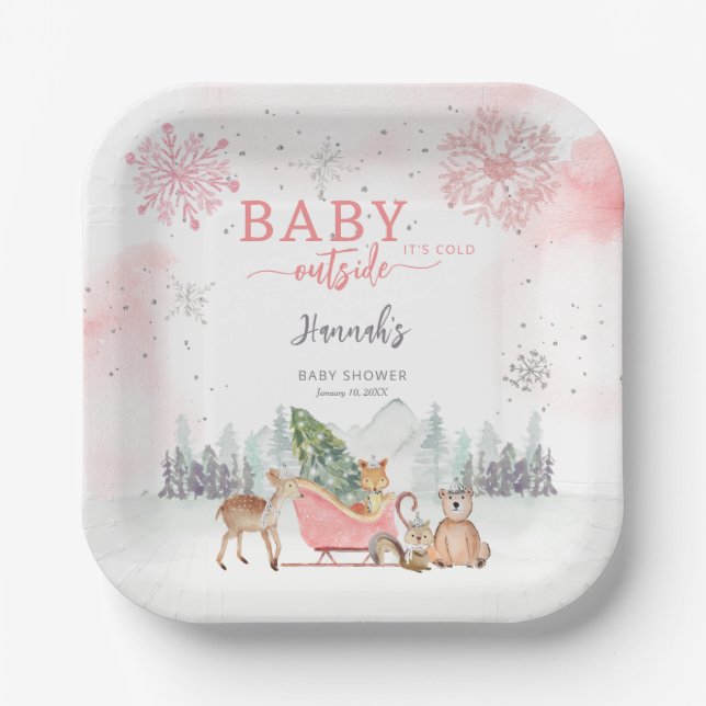 Winter Woodland Baby Es ist kalte Außendusche Pappteller (Vorderseite)