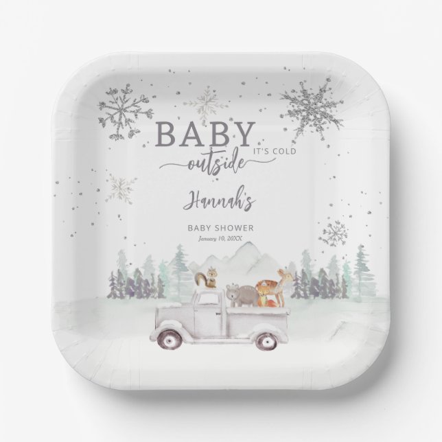 Winter Woodland Baby Es ist kalte Außendusche Pappteller (Vorderseite)