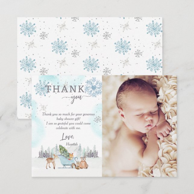 Winter Woodland Baby mit kalten Außenduschen Foto Dankeskarte (Vorne/Hinten)