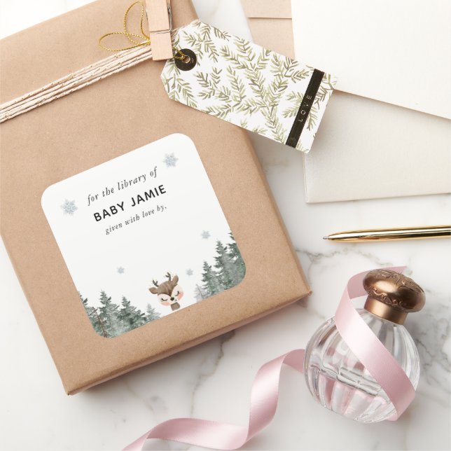 Winter Woodland Baby Showbibliothek Quadratischer Aufkleber (Schenken)