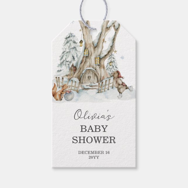 Winter Woodland Babydusche Danke Geschenkanhänger (Vorderseite)