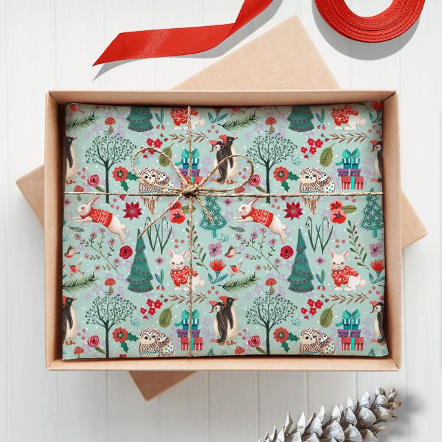 Winter Woodland Blaue und rote Tiere Waldmuster Seidenpapier (Cute woodland animals and Penguins Christmas Holiday tissue paper)