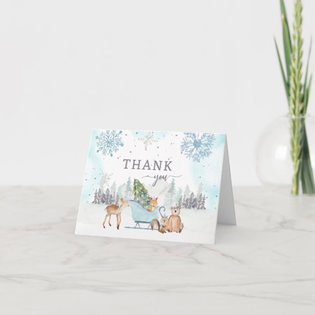 Winter Woodland Blue Baby Dusche Dankeskarte (Vorderseite)