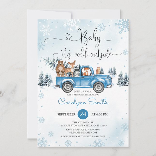 Winter Woodland Blue Truck Baby Dusche Einladung (Vorderseite)