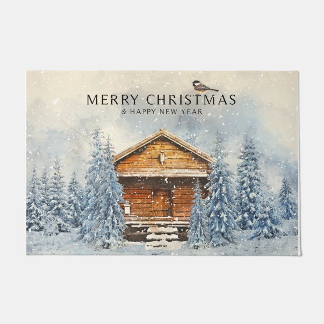 Winter Woodland Cabin Frohe Weihnachten Fußmatte (Vorderseite)