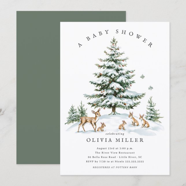 Winter Woodland Deer Baby Shower Einladung (Vorne/Hinten)