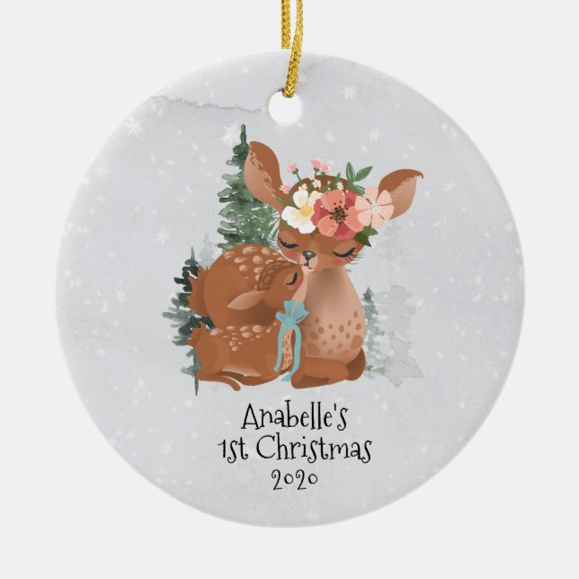 Winter Woodland Deer Mama Baby 1. Weihnachten Keramik Ornament (Vorne)