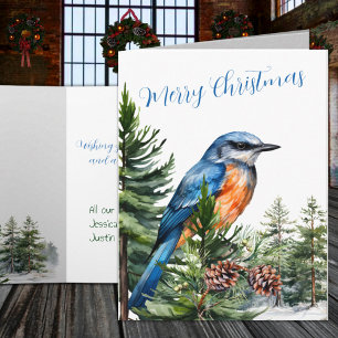 Winter Woodland Eastern Bluebird Pine Tree Forest Feiertagskarte