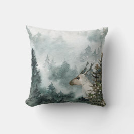 Winter Woodland Foggy Mountain Forest Young Stag Kissen