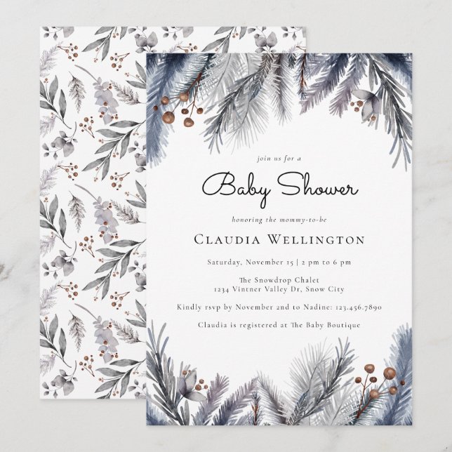 Winter Woodland Foliage Watercolor Baby Shower Einladung (Vorne/Hinten)