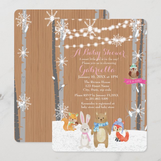 Winter Woodland Forest Baby Dusche Einladung (Vorne/Hinten)