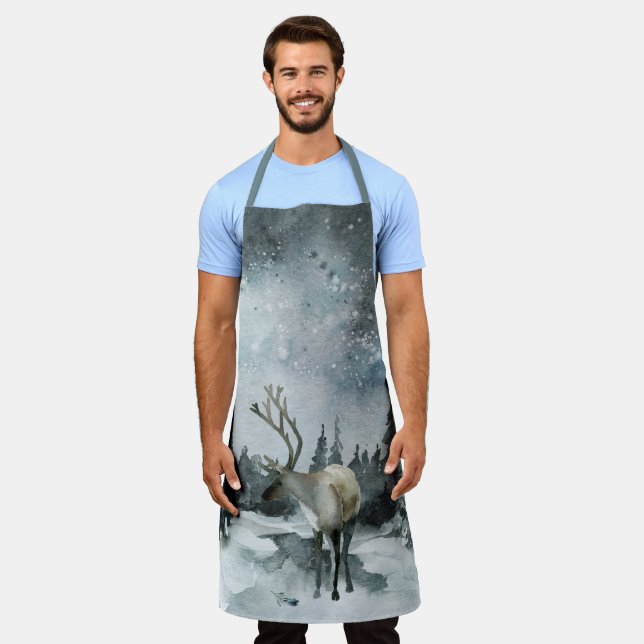 Winter Woodland Forest Stag Deer Night Sky Schürze (Getragen)