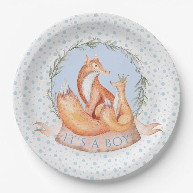 Winter Woodland Fox Boy Babydusche Teller (Vorderseite)