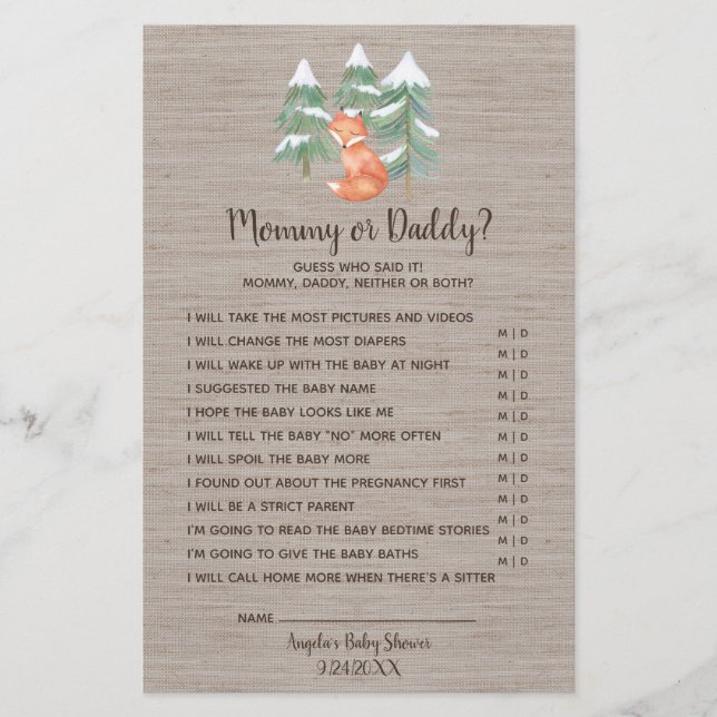 Winter Woodland Fox Mommy oder Daddy Game Flyer (Vorne)