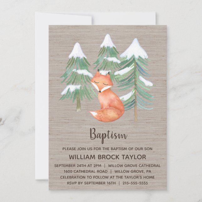 Winter Woodland Fox Taufe Einladung (Vorderseite)