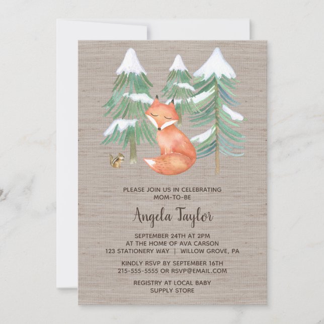 Winter Woodland Fox und Chipmunk Baby Dusche Einladung (Vorderseite)