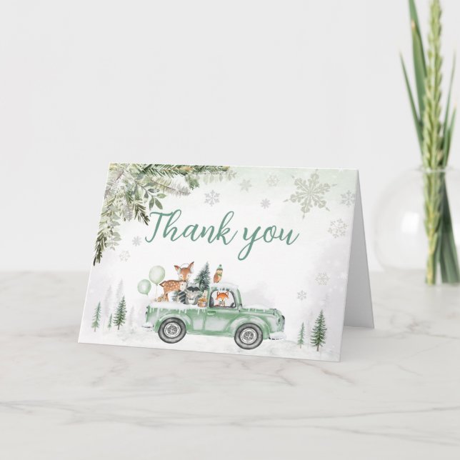 Winter Woodland Green Truck Baby Dusche Dankeskarte (Vorderseite)