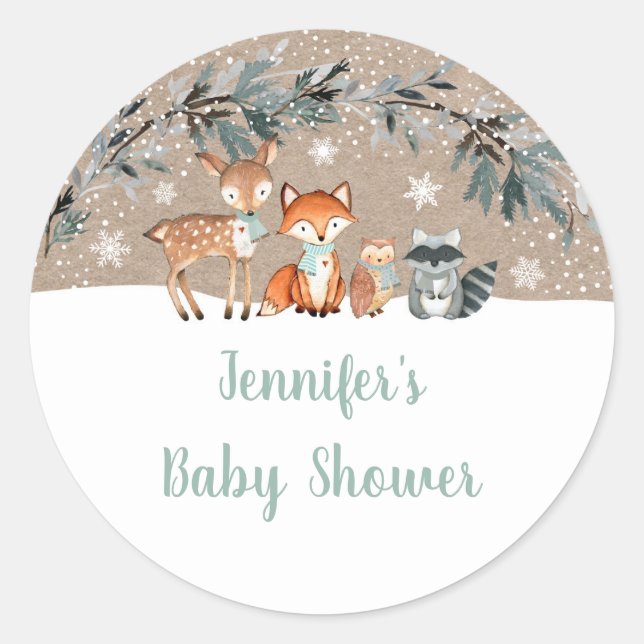 Winter Woodland Greenery Kinderdusche Runder Aufkleber (Vorderseite)