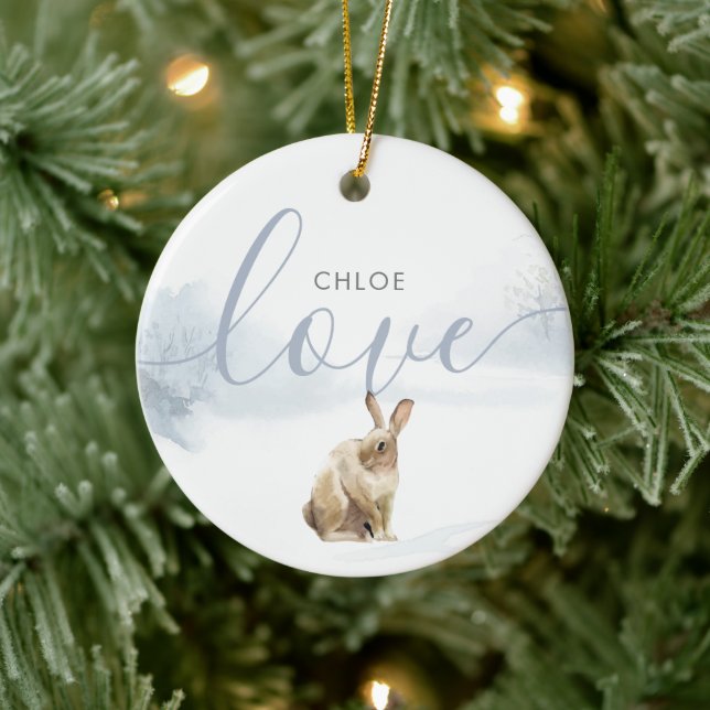 Winter Woodland Hare Liebe Script Keramik Ornament (Baum)