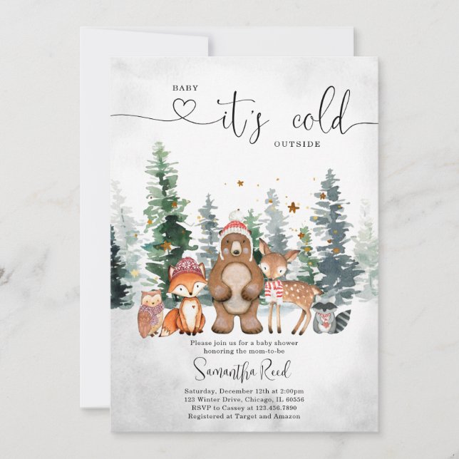 Winter Woodland Kinderdusche Einladung (Vorderseite)
