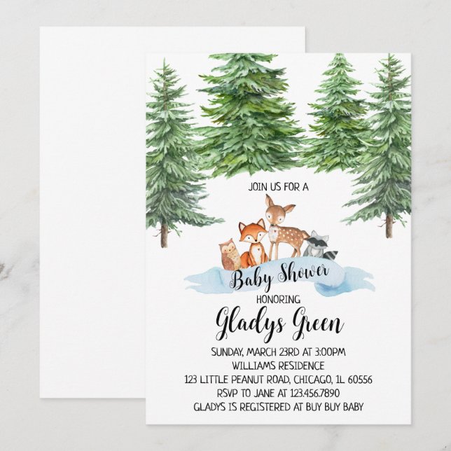 Winter Woodland Kinderdusche Einladung (Vorne/Hinten)