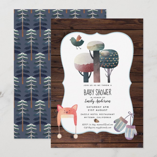 Winter Woodland Kinderdusche Einladung rustikal (Vorne/Hinten)