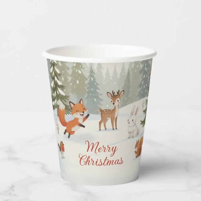 Winter Woodland Merry Christmas Forest Animals Pappbecher (Vorderseite)