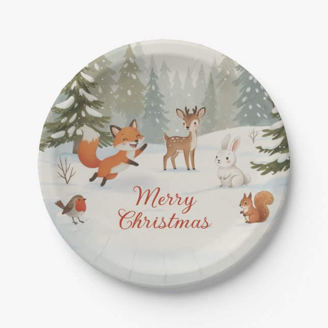 Winter Woodland Merry Christmas Forest Animals Pappteller (Vorderseite)