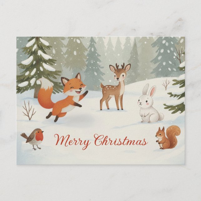 Winter Woodland Merry Christmas Forest Animals Postkarte (Vorderseite)