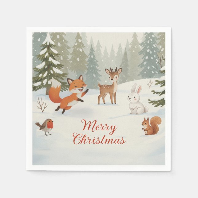 Winter Woodland Merry Christmas Forest Animals Serviette (Vorderseite)