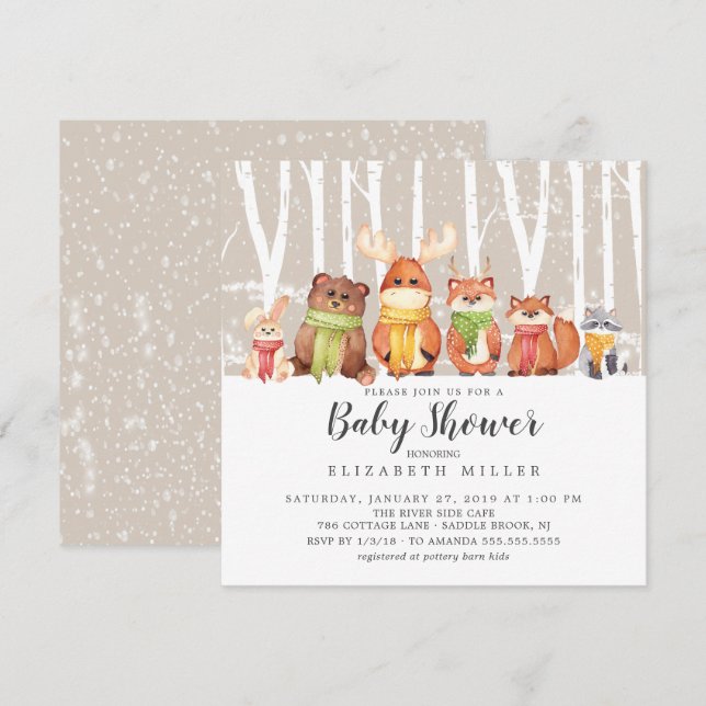 Winter Woodland Neutral Baby Dusche Einladung (Vorne/Hinten)