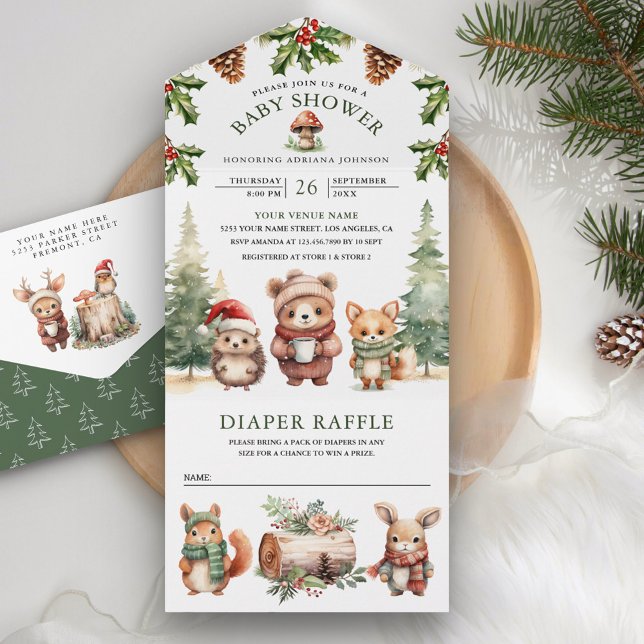 Winter Woodland Niedliche Tiere Weihnachtsdusche All In One Einladung (Von Creator hochgeladen)