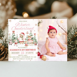 Winter Woodland Onederland Girl Birthday Photo Einladung