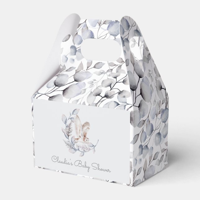 Winter Woodland Owl Moderne Script Baby Dusche Geschenkschachtel (Vorderseite)