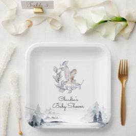 Winter Woodland Owl Moderne Script Baby Dusche Pappteller
