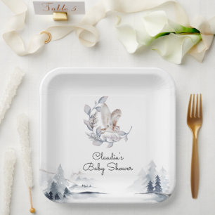 Winter Woodland Owl Moderne Script Baby Dusche Pappteller