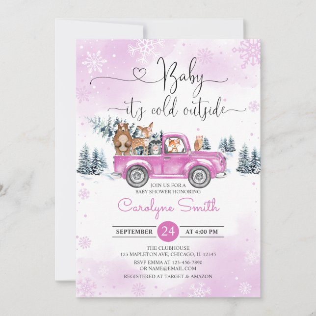 Winter Woodland Pink Truck Kinderdusche Einladung (Vorderseite)