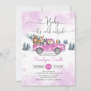 Winter Woodland Pink Truck Kinderdusche Einladung