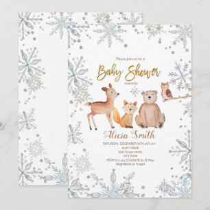 Winter Woodland Silver Baby Dusche Einladung