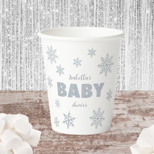 Winter Woodland Snow Wonderland Silver Baby Dusche Pappbecher (winter wonderland baby shower paper cups silver glitter woodland)