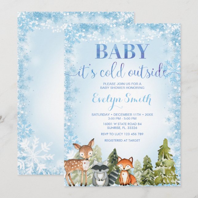 Winter Woodland Snowflake Kinderdusche Einladung (Vorne/Hinten)