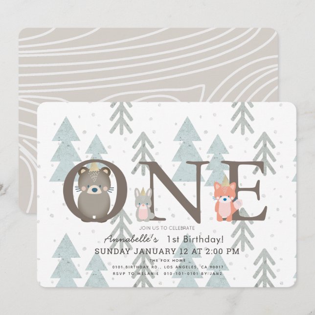 Winter Woodland Tiere 1. Geburtstag Einladung (Vorne/Hinten)
