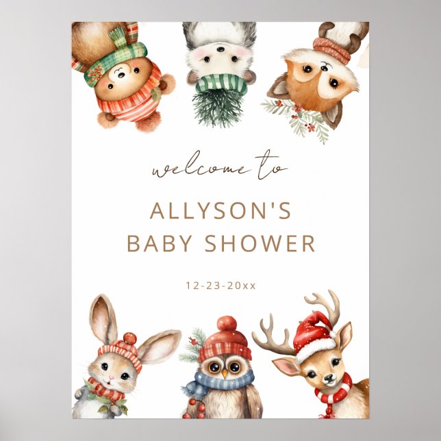 Winter Woodland Tiere Baby Dusche Willkommensschil Poster (Vorne)