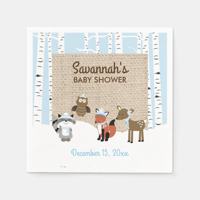 Winter Woodland Tiere Birch Tree Napkin | Blau Serviette (Vorderseite)