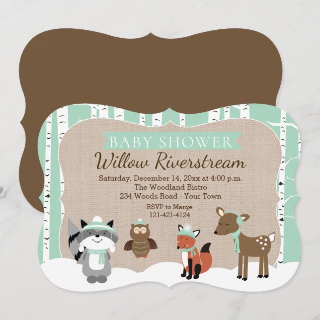 Winter Woodland Tiere Die Mint Babydusche schneide Einladung (Vorne/Hinten)