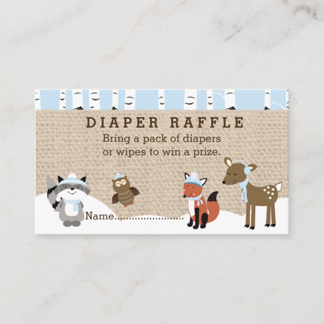Winter Woodland Tiere Windeln Raffle Cards blau Begleitkarte (Vorderseite)